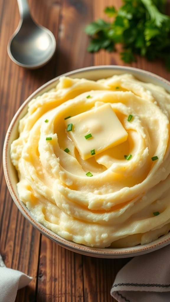 A bowl of creamy mashed potatoes with butter and chives on a rustic table.
